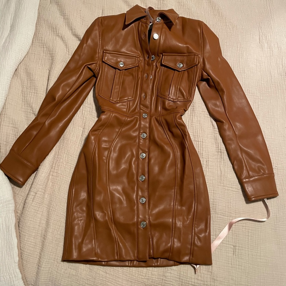 NWT House of CB Crystal Leather Open Back Tan Dress - Picture 3 of 8